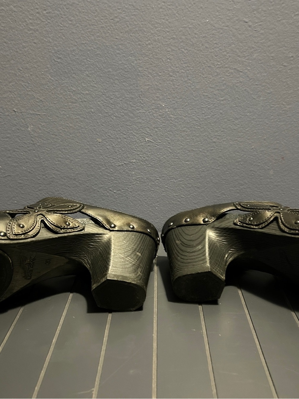Dansko Genuine Leather Upper Black Floral Appliqué Clog Heels - Picture 5 of 6